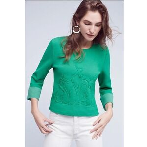 Moth Anthropologie Green Floral Sweater Cuffed Sleeve L